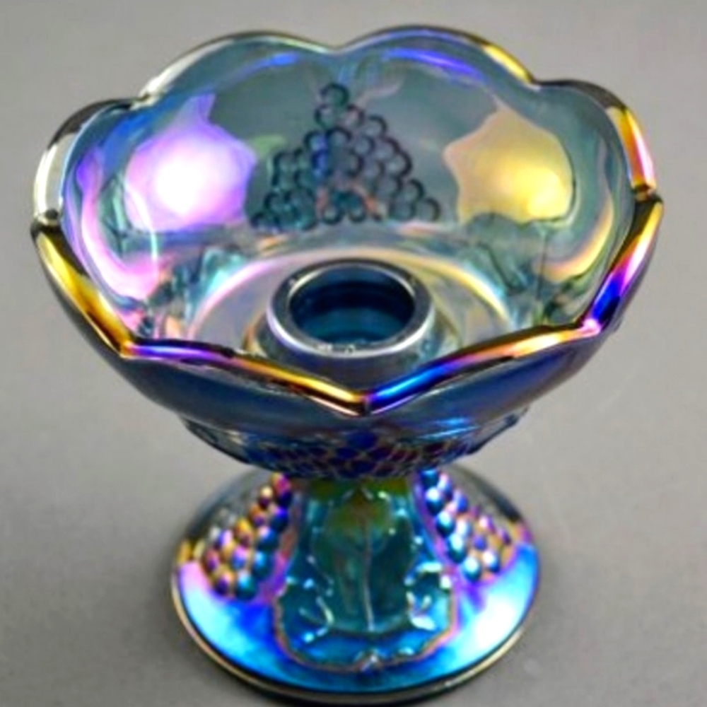 Vintage Blue Iridescent Indiana Carnival Glass Candlestick Holders Set of 2